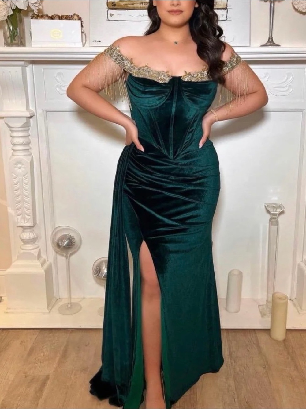 Portia and Scarlett Emerald Velvet One-Shoulder Evening Gown with Gold Fringe